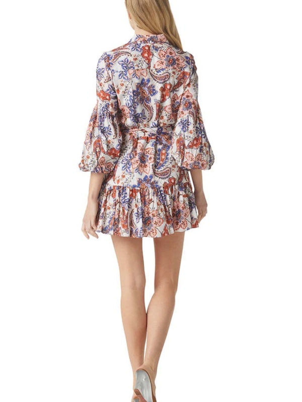 Floral Paisley Tie-Waist Mini Dress in Ivory and Rust